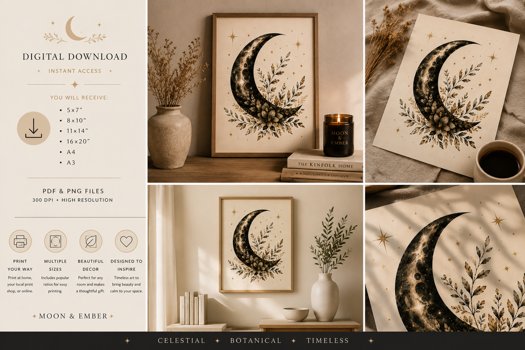 Botanical Crescent Moon | Celestial Printable Wall Art