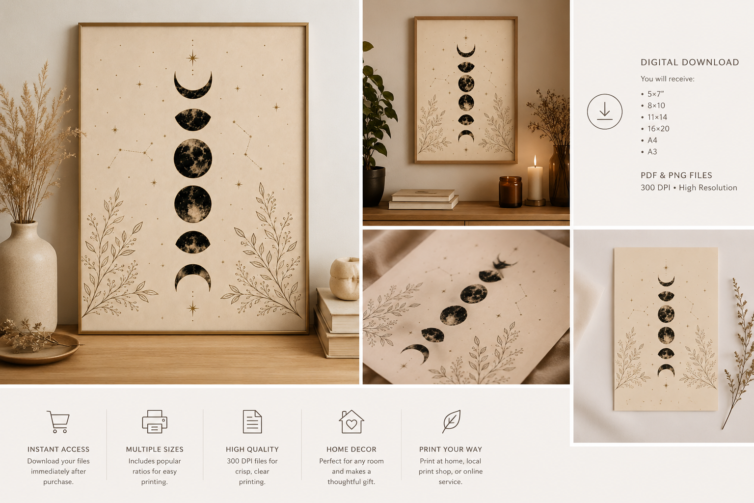 Moon Phase Printable Wall Art | Celestial Botanical Digital Download